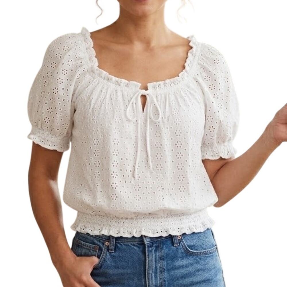 Chaps Denim White Eyelet Peasant Top Puff Sleeve Square Neck Women XL Boho